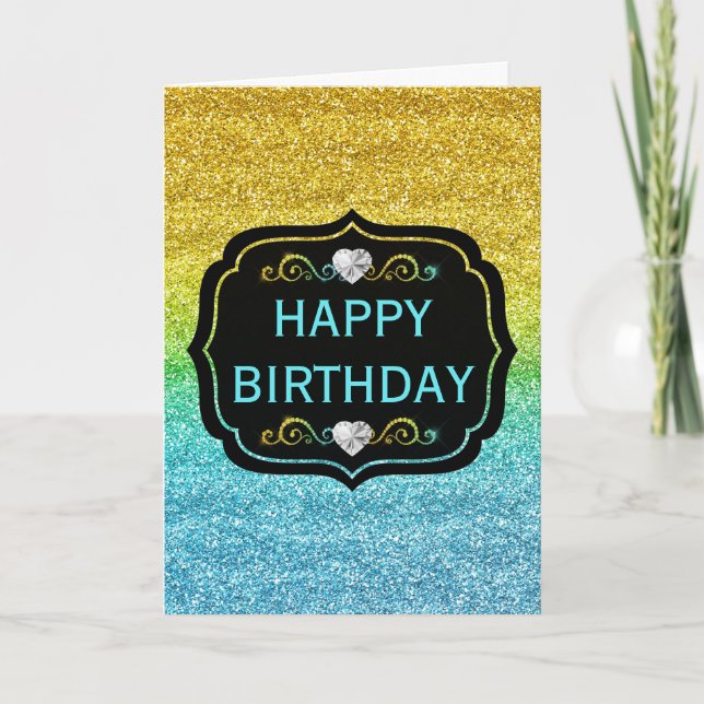 Sparkly Yellow & Blue Gradient Glitter Birthday Card (Front)