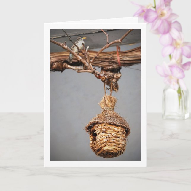 Sparrow Bird Above Birdhouse Card (Orchid)