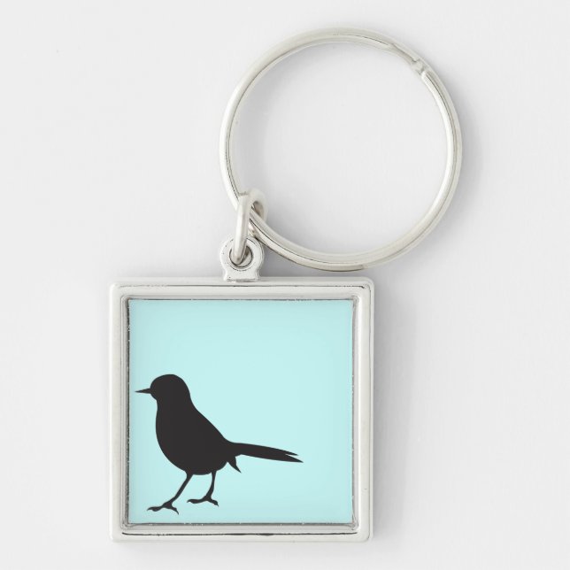 Sparrow bird black & white silhouette blue keychain (Front)