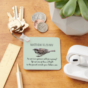 Sparrow Bird Cast Your Cares Bible Verse Green Keychain