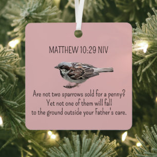 Sparrow Bird Cast Your Cares Bible Verse Pink Red Metal Ornament