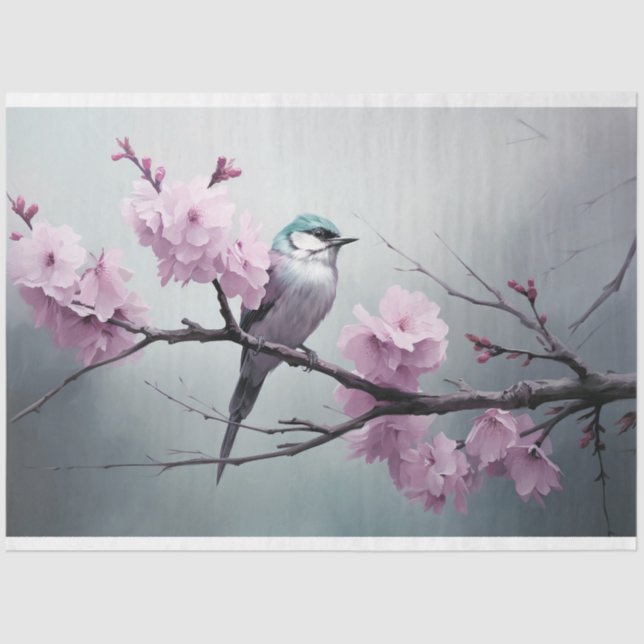 Sparrow Bird Cherry Blossom Branch Chinoiserie Tissue Paper (Front)
