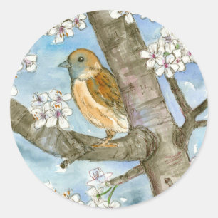Sparrow Bird Flowering Tree Watercolor Painting Classic Round Sticker