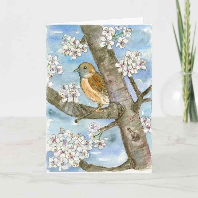 Sparrow Bird Spring Flowering Tree Happy Birthday Card (Front)