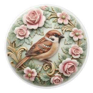 Sparrow Bird Vintage Victorian Pink Roses Floral Ceramic Knob