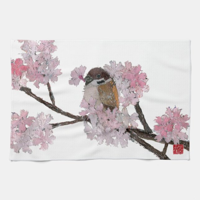 Sparrow, Cherry Blossoms Kitchen Towel (Horizontal)