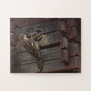 Sparrow Family Feeding Baby Birds Jigsaw Puzzle