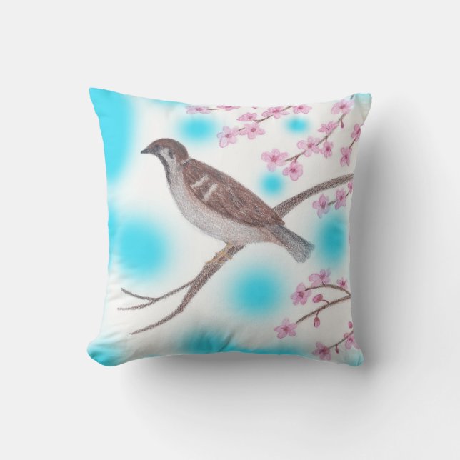 Sparrow in Cherry Blossom Tree Sky Pillows (Front)