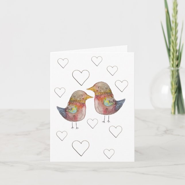 Sparrow In Love, Hearts Pattern Watercolor Note Card (Front)