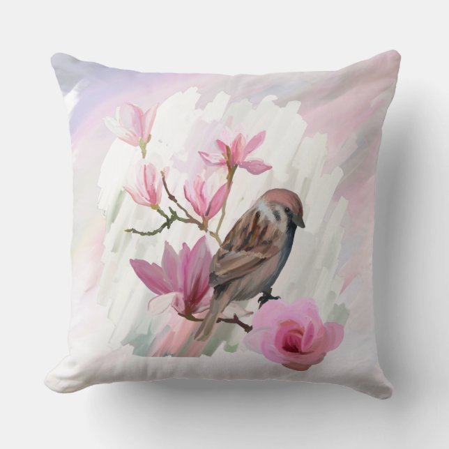  Sparrow Magolia Floral Throw Pillow (Front)