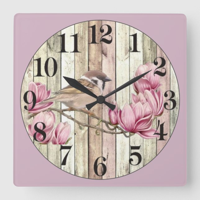 Sparrow on a Pink Flower Square Wall Clock (Front)