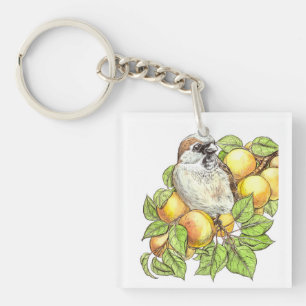 Sparrow on an apricot branch keychain