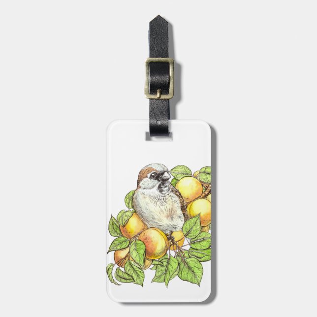 Sparrow on an apricot branch luggage tag (Front Vertical)