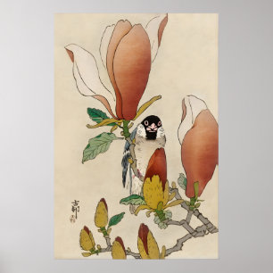 Sparrow on Blooming Magnolia Branch Japanese Fine Poster