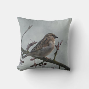 Sparrow on Branch Throw Pillow