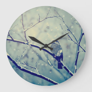 Sparrow on the snowy branch large clock