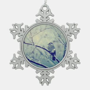 Sparrow on the snowy branch snowflake pewter christmas ornament