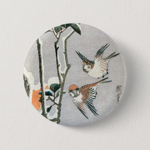 Sparrows and Camellia in Snow by Ando Hiroshige 2 Inch Round Button