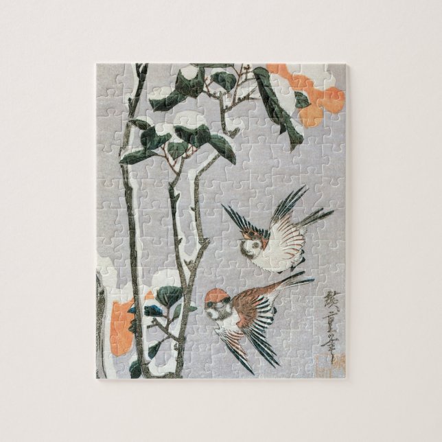 Sparrows and Camellia in Snow by Ando Hiroshige Jigsaw Puzzle (Vertical)
