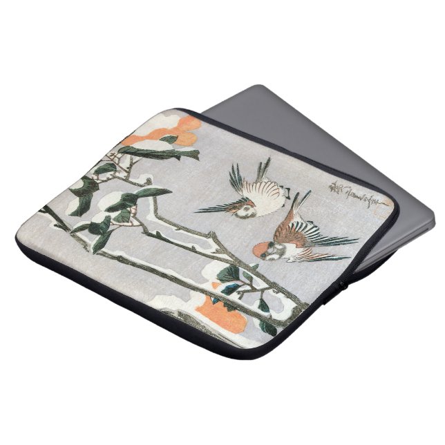 Sparrows and Camellia in Snow by Ando Hiroshige Laptop Sleeve (Front Top)