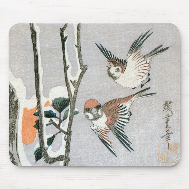 Sparrows and Camellia in Snow by Ando Hiroshige Mouse Pad (Front)