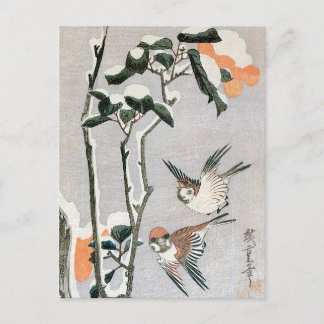 Sparrows and Camellia in Snow by Ando Hiroshige Postcard (Front)