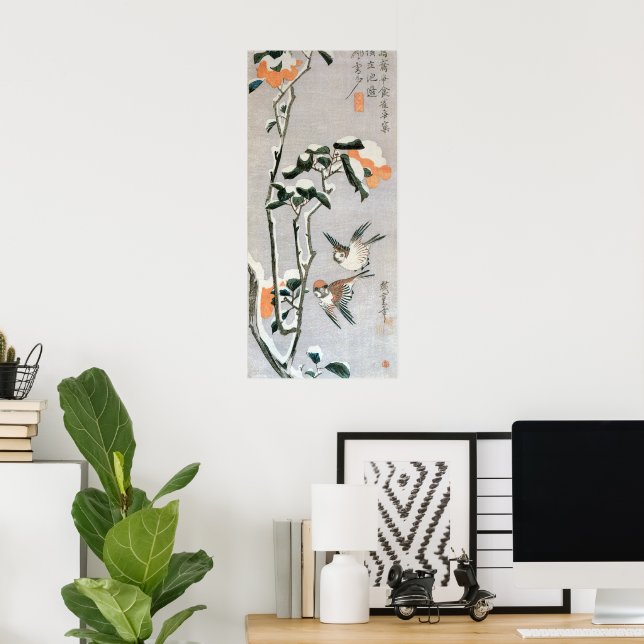 Sparrows and Camellia in Snow by Ando Hiroshige Poster (Home Office)