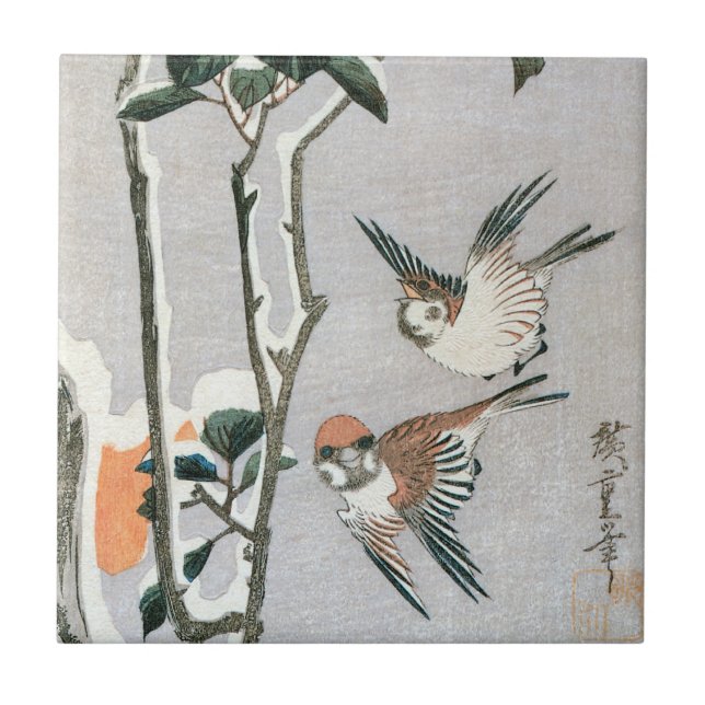 Sparrows and Camellia in Snow by Ando Hiroshige Tile (Front)