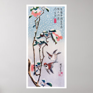Sparrows and Camellias in Snow, Hiroshige Poster