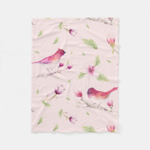 Sparrows And Flowers Fleece Blanket