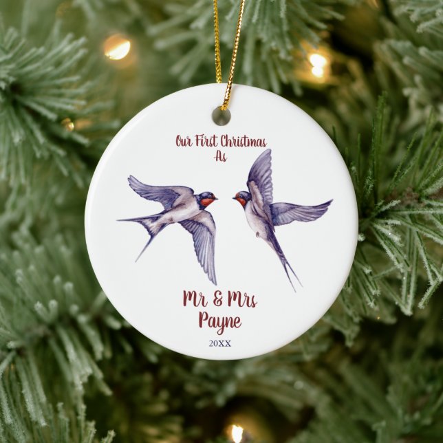 Sparrows Bird Lovers Lovebirds Married Couple Xmas Ceramic Ornament (Tree)
