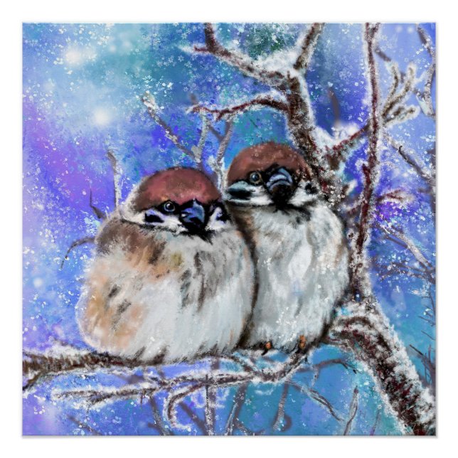 Sparrows Couple In Winter Poster - Painting (Front)