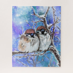 Sparrows Couple In Winter Puzzle Painting