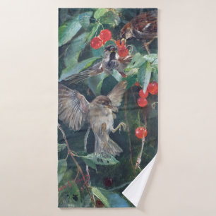 Sparrows in a Cherry Tree, Bruno Liljefors Bath Towel