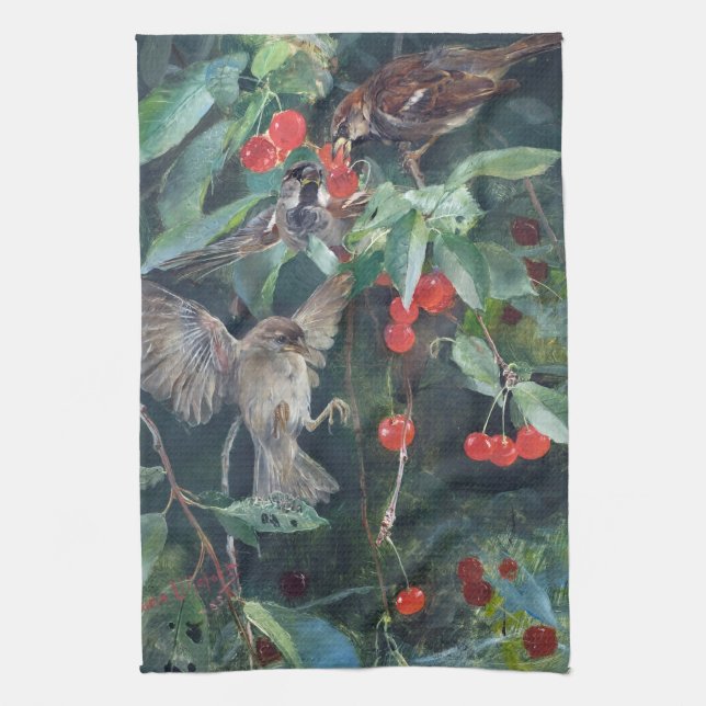 Sparrows in a Cherry Tree, Bruno Liljefors Kitchen Towel (Vertical)