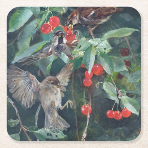 Sparrows in a Cherry Tree, Bruno Liljefors Square Paper Coaster