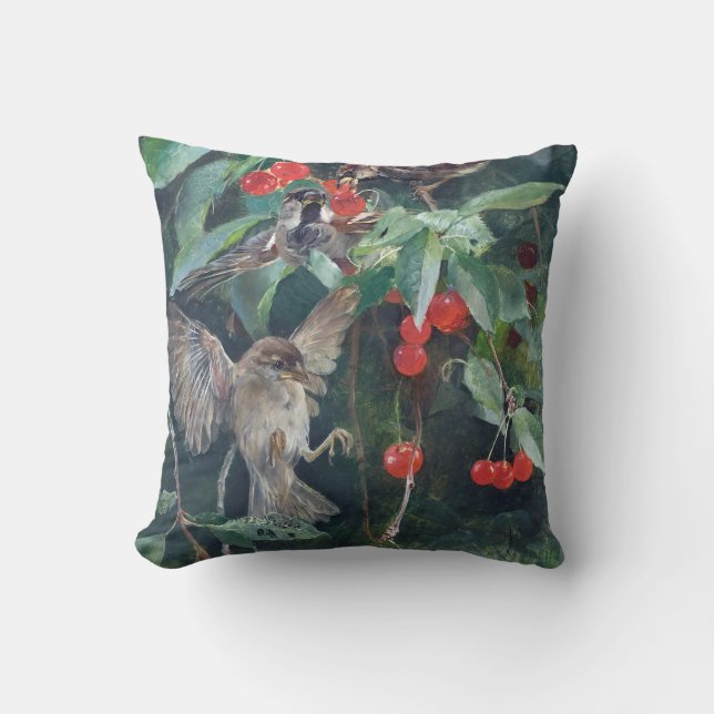 Sparrows in a Cherry Tree, Bruno Liljefors Throw Pillow (Front)