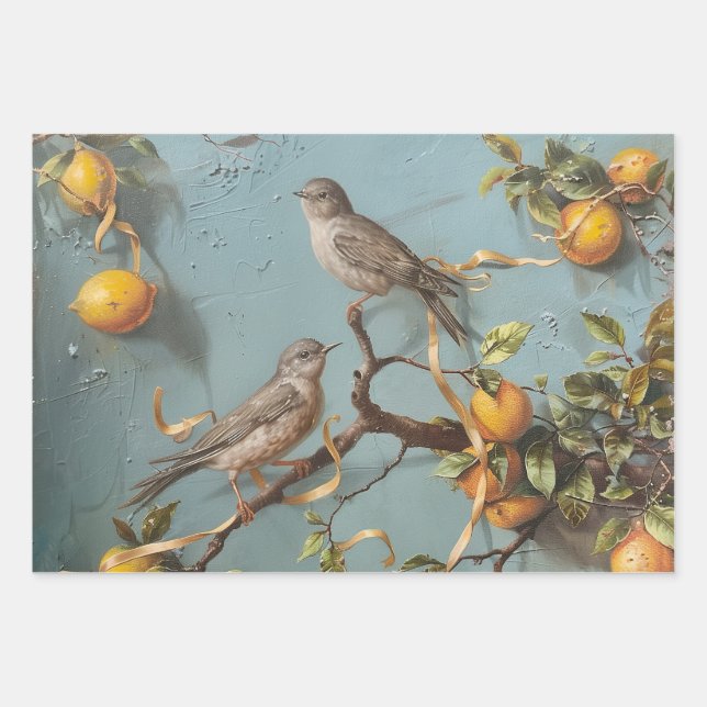 Sparrows - Oil Painting Style Wrapping Gift Paper (Front)