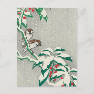 Sparrows on Snowy Berry Bush by Ohara Koson Postcard
