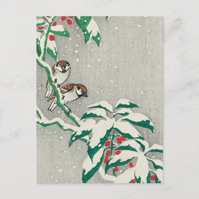 Sparrows on Snowy Berry Bush by Ohara Koson Postcard (Front)