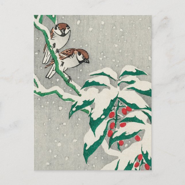 Sparrows on Snowy Berry Bush by Ohara Koson Postcard (Front)