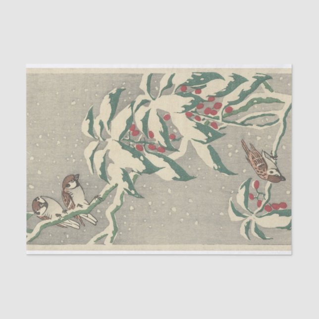 Sparrows on Snowy Currant Bush by Ohara Koson Tissue Paper (Front)