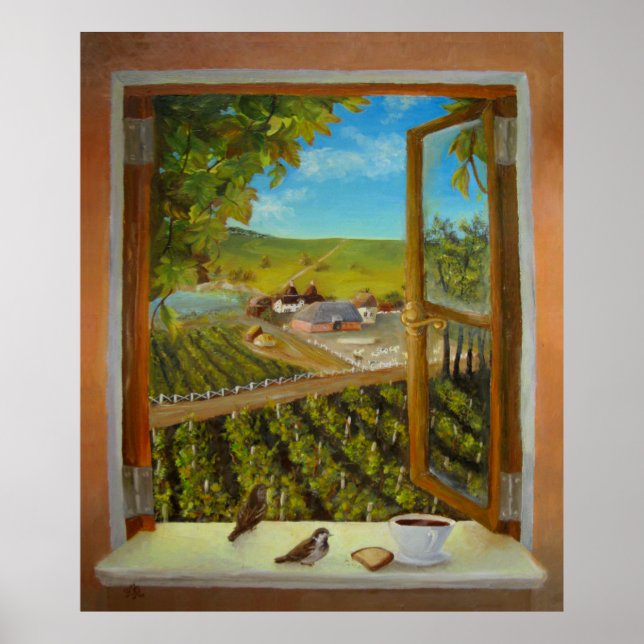 Sparrows on the windowsill poster (Front)