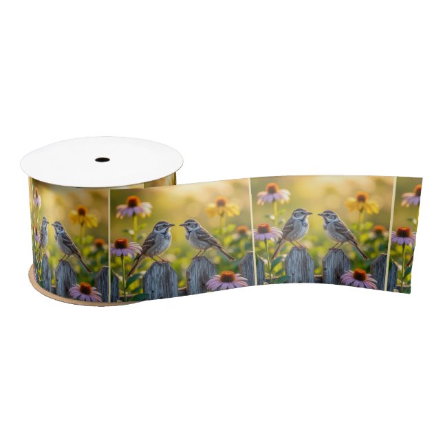 Sparrows Perched On Picket Fence Satin Ribbon (Spool)