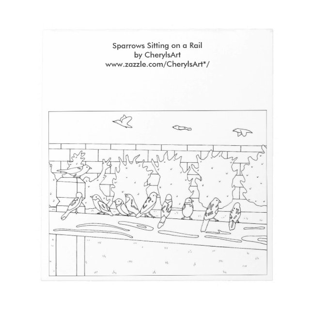 Sparrows Sitting on Rail Outline Colouring Notepad (Front)