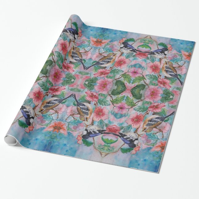 Sparrows Wrapping Paper Birds and Flowers (Unrolled)