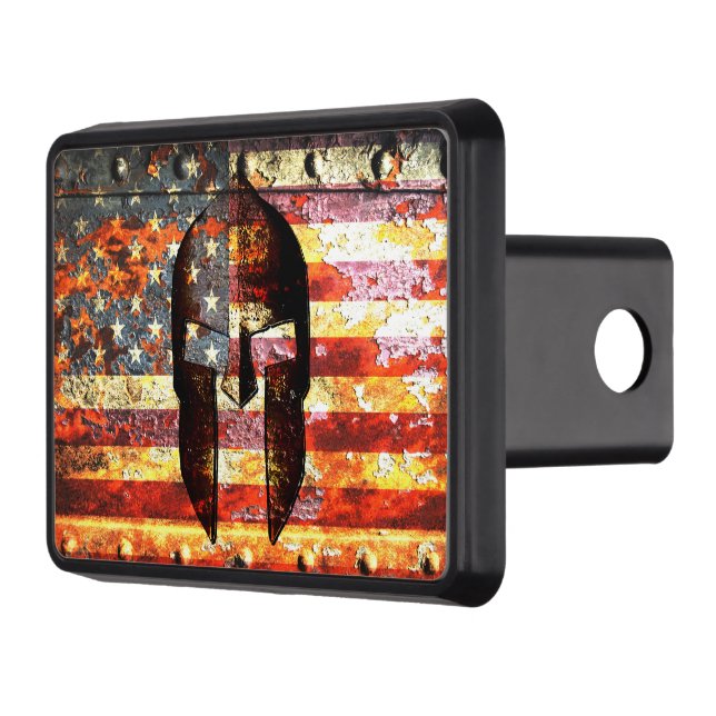 Spartan Helmet on American Flag Trailer Hitch Cove Trailer Hitch Cover (Left)
