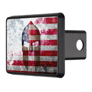 Spartan Helmet on Distressed American Flag. Trailer Hitch Cover