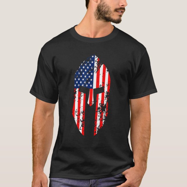 Spartan Helmet With The Usa Flag July 4 T-Shirt (Front)