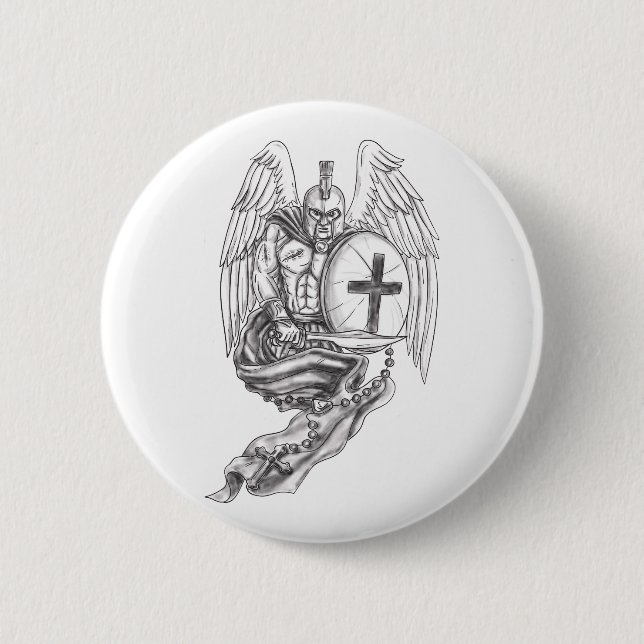 Spartan Warrior Angel Shield Rosary Tattoo 2 Inch Round Button (Front)